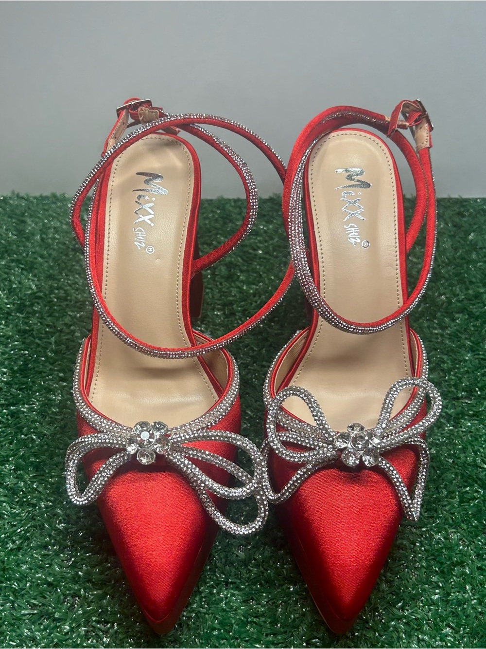 Mixx Shuz Red Satin Pointed Toe Heels with Crystal Bow Accents